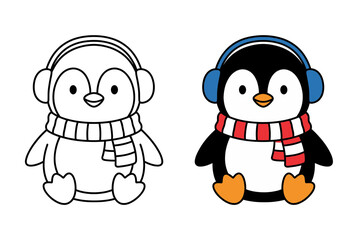 Cute Cartoon Penguin Wearing Scarf and Headphones Line Art and Color Illustration for Kids Coloring Book and Winter Theme