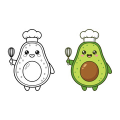 Cute Cartoon Avocado Chef Holding Whisk with Seeds Line Art and Color Illustration for Kids Coloring Book and Healthy Cooking