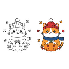 Cute Cartoon Kitten with Pumpkin and Autumn Leaves Line Art and Color Illustration for Kids Coloring Book and Fall Season