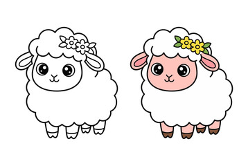 Cute Cartoon Sheep Wearing Flower Crown Line Art and Color Illustration for Kids Coloring Book and Farm Animal Spring Design