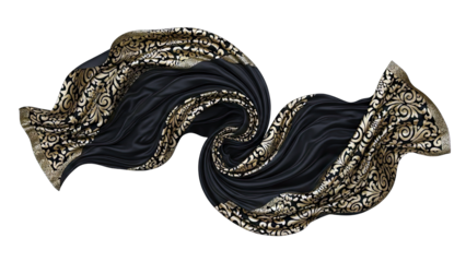 Flowing Black Fabric with Gold Floral Pattern on White