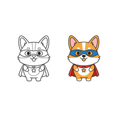 Cute Cartoon Corgi Dog Superhero with Mask and Cape Line Art and Color Illustration for Kids Coloring Book and Comic Theme