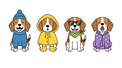 Cute Cartoon Beagle Dogs in Various Outfits Set Full Color Illustration for Pet Lifestyle and Seasonal Clothing Design