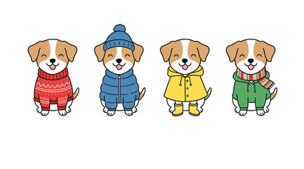 Set of Four Beagle Puppy Dogs Wearing Different Winter and Rain Seasonal Outfits Cartoon Characters for Kids Apparel Design © 张锋