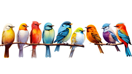 Colorful birds perch on branch in vivid watercolor style. Ideal for branding, art prints, children's designs, and social media backgrounds.