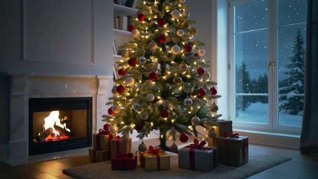 A cozy Christmas interior with a decorated tree and wrapped presents beside a lit fireplace, gentle snow falling outside the window. Calm, festive atmosphere with no people or movement.
