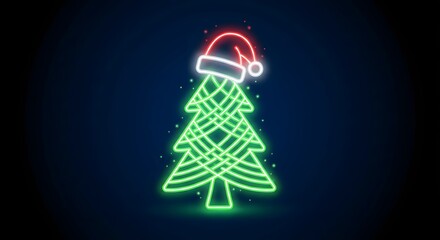 Vibrant neon christmas tree with santa hat, festive holiday season glowing line art design.