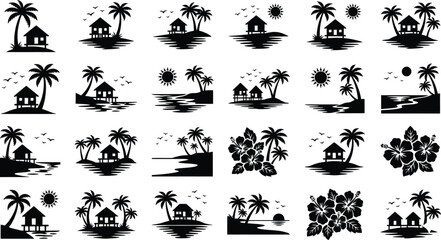 Collection of tropical island silhouettes featuring palm trees beach huts and ocean views ideal for summer vacation travel and relaxation themed designs and graphics © LailaArtworks