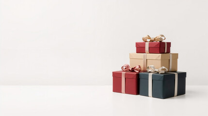 Fototapeta premium Pacchi regalo natalizi impilati con decorazioni eleganti su sfondo chiaro. Generative AI