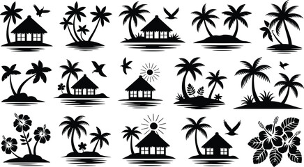 Collection of tropical island silhouettes with palm trees huts flowers and birds a set of black and white vector illustrations for summer designs © LailaArtworks
