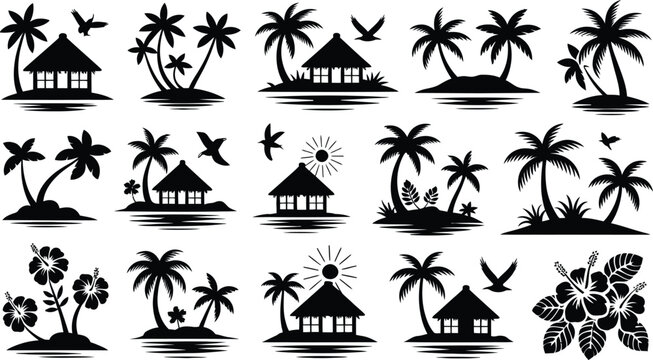 Collection of tropical island silhouettes with palm trees huts flowers and birds a set of black and white vector illustrations for summer designs