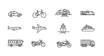 Collection of hand drawn transportation icons on white background