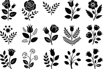 Set of black and white floral elements hand drawn botanical illustrations for graphic design invitations and decorative projects featuring roses leaves and other plants