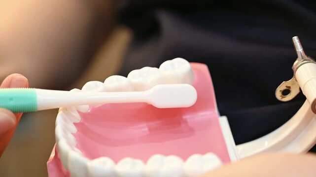 The toothbrush is cleaning the lower right first molar (the sixth tooth), focusing on the chewing surface of the tooth