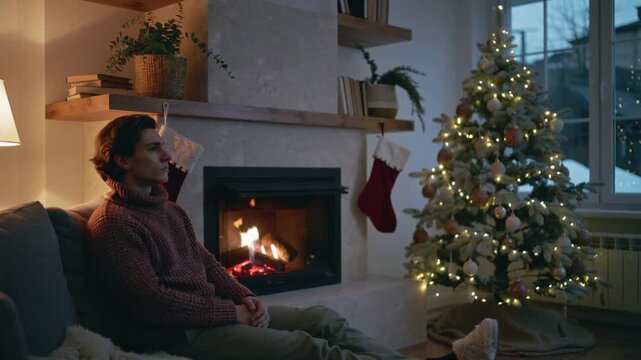A cozy Christmas interior with a warm fireplace glowing softly, festive decorations and a peaceful holiday atmosphere filling the room with comfort and seasonal charm.