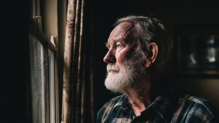 An elderly man with a white beard looks out of a window deep in thought. The soft afternoon light highlights his face as he reflects on life in a cozy indoor setting.