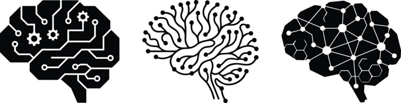 Artificial intelligence brain illustrations featuring circuit patterns, neural connections, and technological networks representing modern machine learning, digital cognition