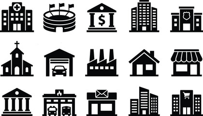 Obraz premium Collection of black building icons featuring hospital, bank, stadium, police station, church, factory, shop, house, garage, and commercial structures