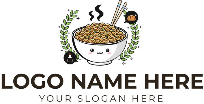 Cute noodle bowl logo vector with smiling face, steam, chopsticks, green leaves, soy sauce, and dumplings