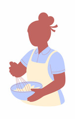 A cheerful person in an apron is vigorously mixing batter in a bowl with a whisk, showcasing the joy of cooking and the excitement of preparing a delicious meal at home.