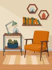 Fototapeta premium This artistic depiction of a cozy living room features cacti, stylish furniture, and a warm atmosphere, showcasing modern interior design trends for a welcoming space.