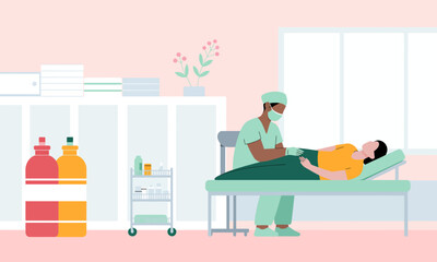 Fototapeta premium A caring medical illustration depicts a healthcare worker attending to a patient in a serene room, highlighting compassion, health, and wellness in modern healthcare environments.