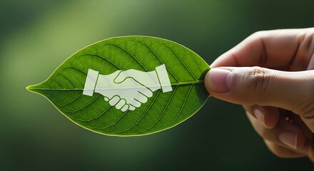 Hand holding a green leaf with a handshake symbol representing eco friendly partnership