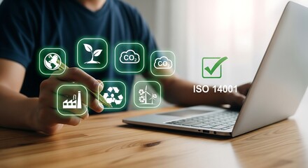 Person using laptop with environmental and sustainability icons overlay