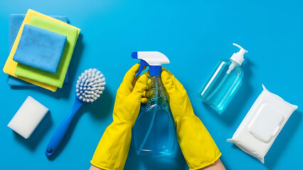 Hands in rubber gloves with a variety of cleaning supplies on a blue background with space for text 70096448 1