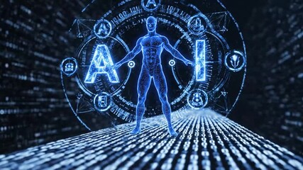 AI human figure standing on a digital data stream pathway in a futuristic digital landscape artificial intelligence. - Powered by Adobe