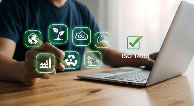 Person using laptop with environmental and sustainability icons overlay