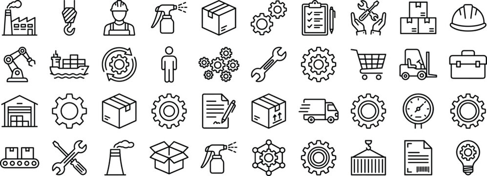 Industrial logistics line icons set featuring manufacturing factory equipment tools shipping warehouse automation quality control and supply chain management symbols