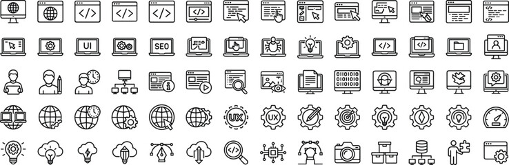 Modern web development line icon set featuring coding, UI UX, SEO, analytics, cloud, devices, technology interface symbols collection for designers
