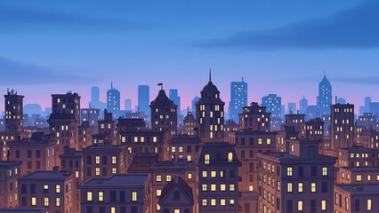 Animated City Skyline at Twilight. Urban Landscape Illustration with Illuminated Buildings and Deep Blue Sky at Dusk.