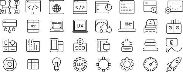 Modern web development, coding, UX design, SEO optimization, analytics, interface elements, and digital technology line icon set for professional projects