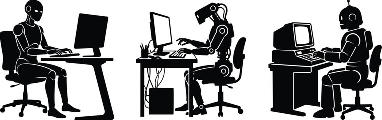 Robots working at computers in modern and retro office environments illustrating technology evolution, artificial intelligence development, automation, and digital productivity concepts