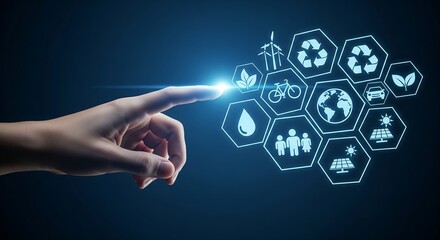Hand touching digital network of environmental and sustainability icons