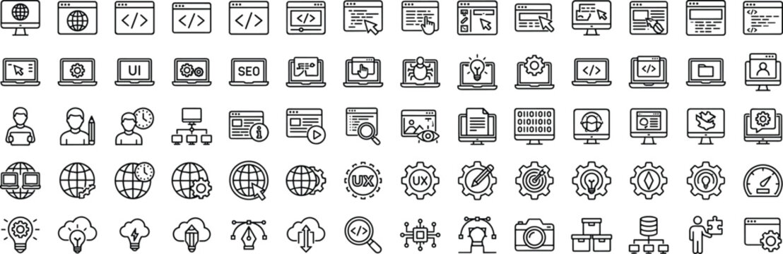 Modern web development line icon set featuring coding, UI UX, SEO, analytics, cloud, devices, technology interface symbols collection for designers