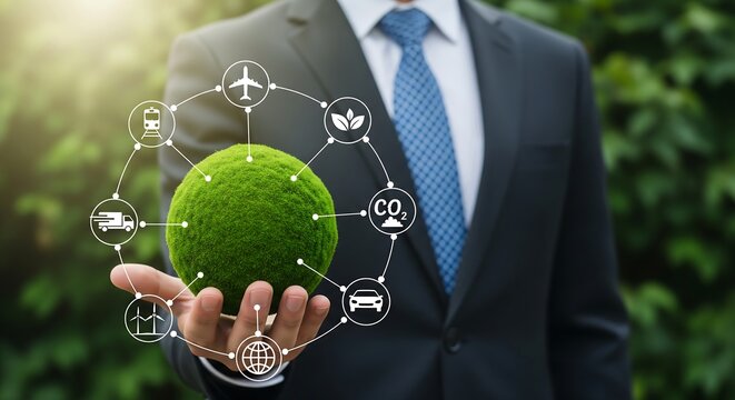 Businessman holding a green globe with transportation icons connecting to it - Powered by Adobe