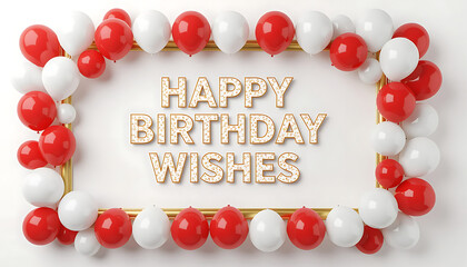 Happy birthday wishes text with red and white balloons and a golden frame background