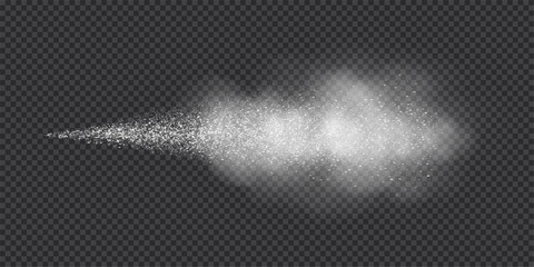 Fototapeta premium Spray splatter texture background. White droplets spreading outward into dispersed dots with smoke cloud on transparent backdrop. Dynamic aerosol flow. Minimal abstract vector illustration.