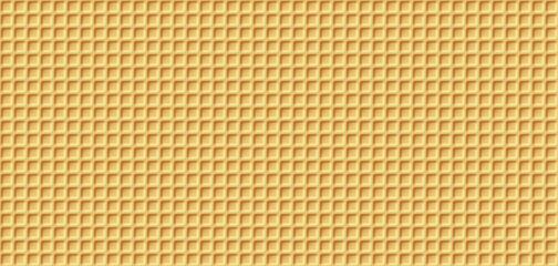 Ice cream cone background with golden waffle texture. Seamless diamond pattern with sweet crispy surface. Delicious dessert wall design. Realistic vector illustration.