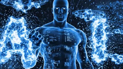 Futuristic blue glowing human figure with digital code and flying objects in space light.