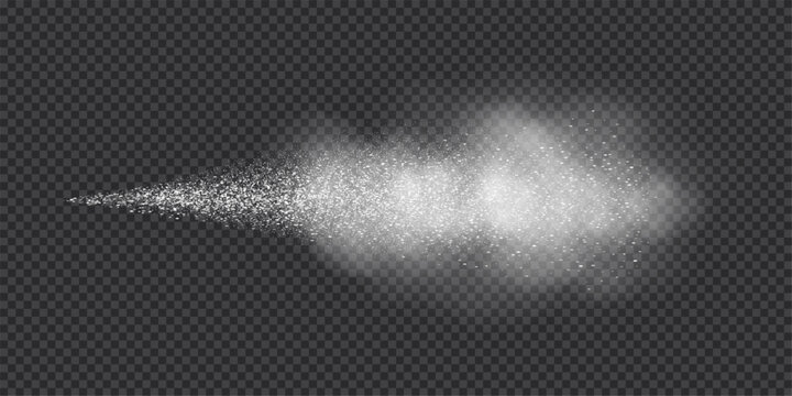 Spray splatter texture background. White droplets spreading outward into dispersed dots with smoke cloud on transparent backdrop. Dynamic aerosol flow. Minimal abstract vector illustration.