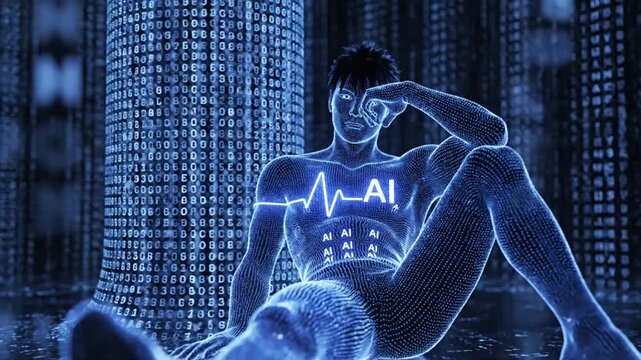 Man with AI markings and heartbeat line sitting near a column of binary code artificial intelligence.