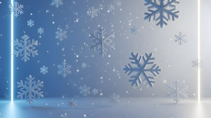 3D rendered winter background featuring falling snow, large decorative snowflakes