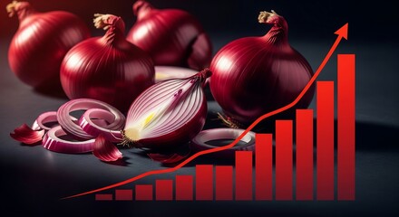 Rising onion prices showing upward trend with red graph overlay, perfect for food market analysis reports and agriculture business presentations