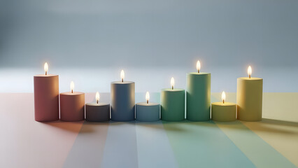 Set of colorful, burning candles of varying heights arranged like a rainbow bar chart