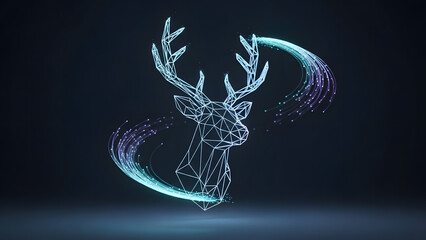 Conceptual 3D render of a futuristic deer or stag head, outlined in neon geometric wireframe
