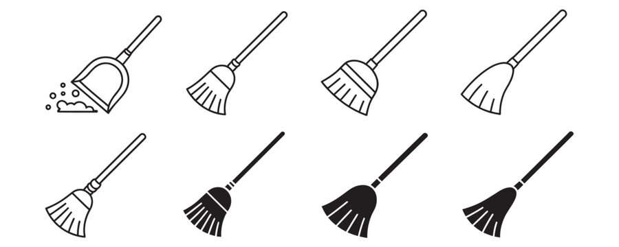 Essential cleaning tool set featuring various broom and dustpan line art and solid silhouette icons for utility design